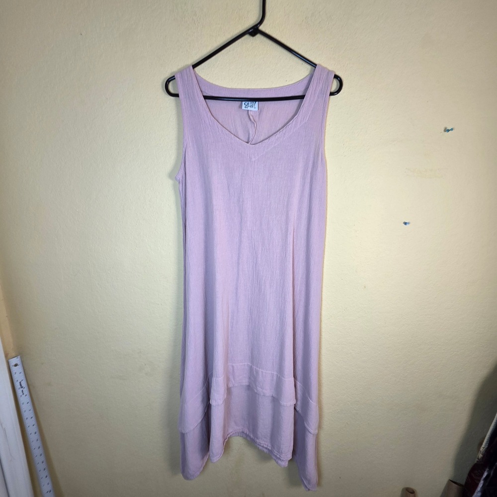 Oh My Gauze! Pink Cotton Gauze Sleeveless Sharkbite‎ Hem V-Neck Dress Womens 1